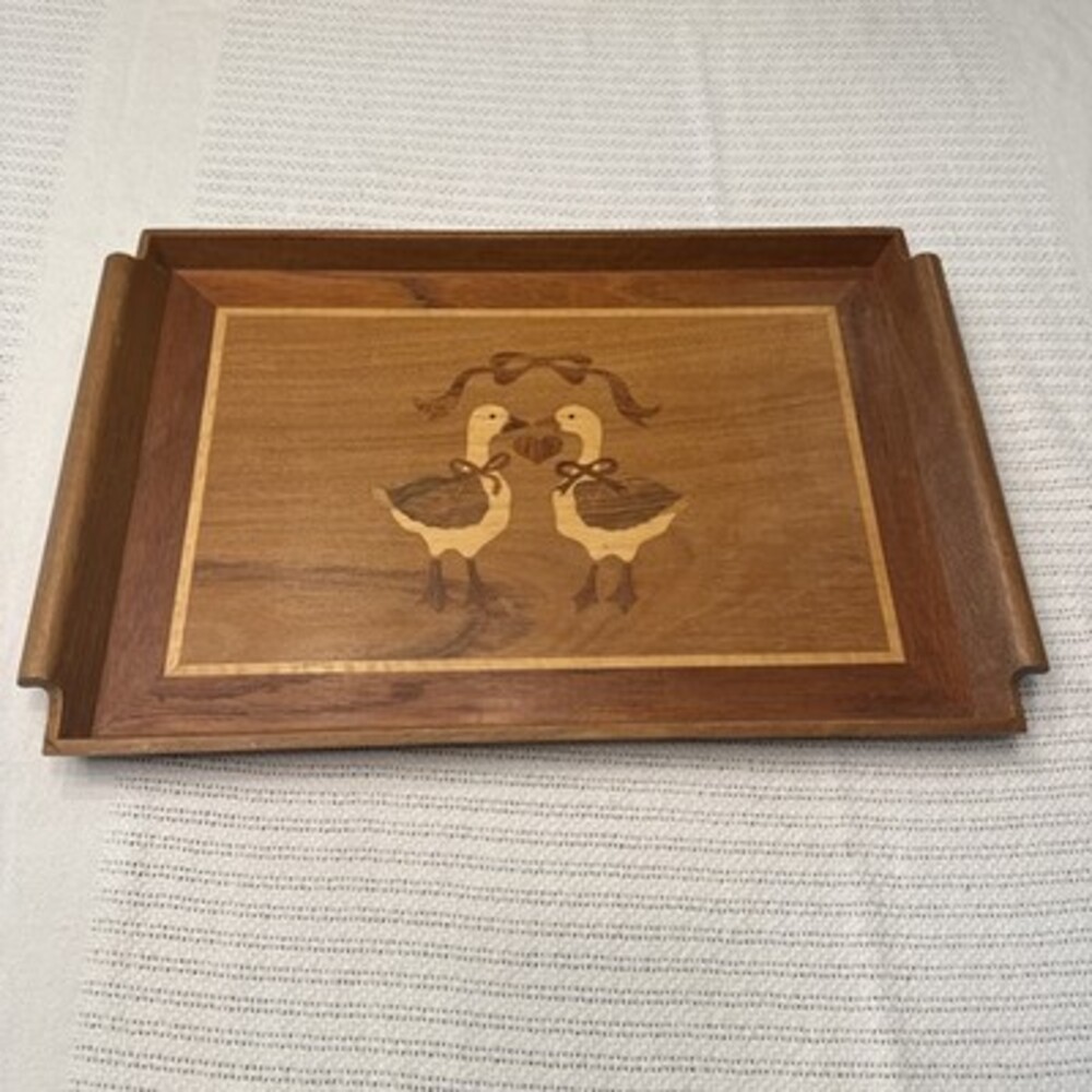 Vintage Mahogany/Teak Wood Serving Tray 19 X 12 Geese Heart Inlayed
